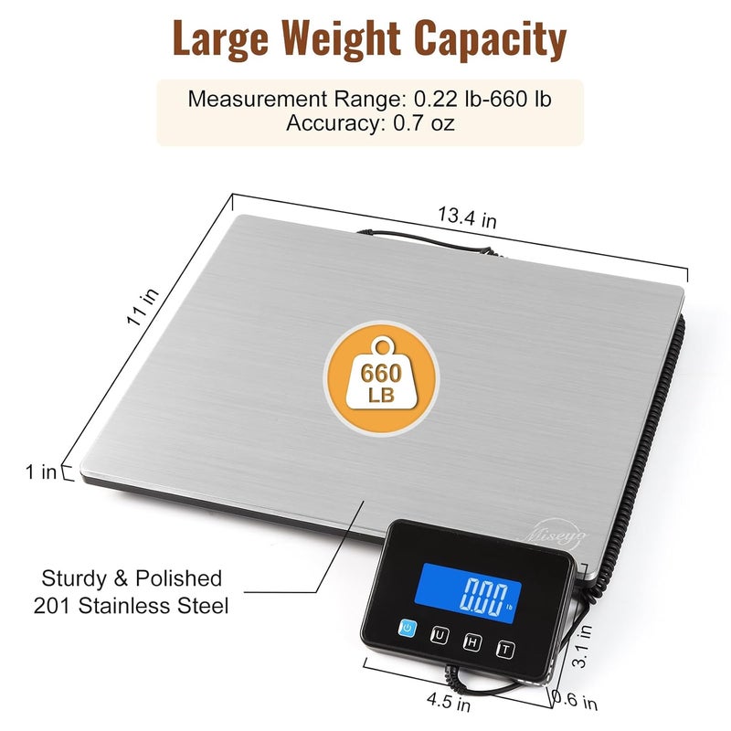 Miseyo 660lbs Digital Shipping Scale - 0.7oz High Accurate Stainless Steel Postal Scale for Packages, Luggage, Small Business, Warehouse, Battery & Charging Cable Included - Image 2